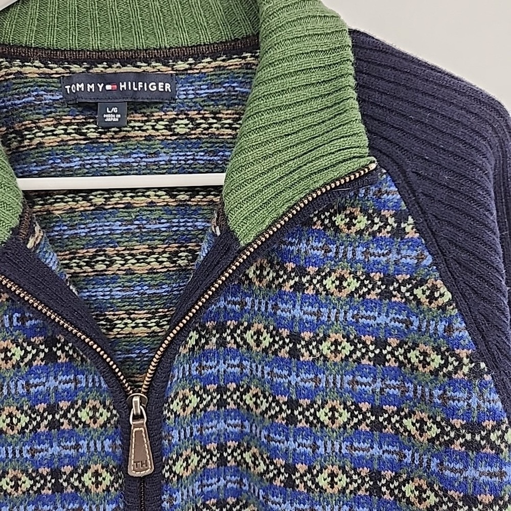 Tommy Hilfiger Mens Full Zip Fair Isle Sweater Large Old Money Preppy